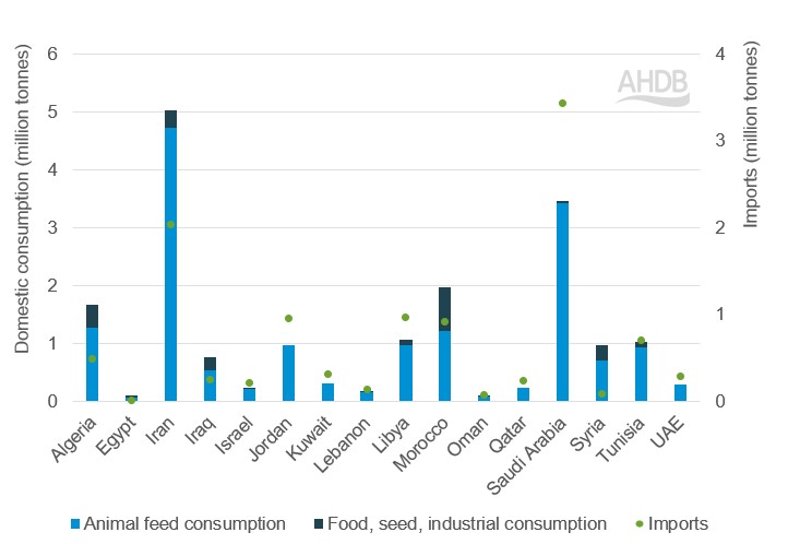 Stacked bar graph showing barley consumption and imports in selected MENA countries